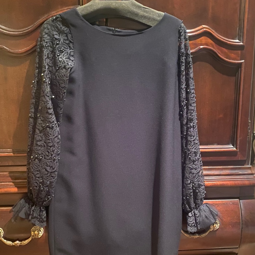 Cocktail dress with lace/beaded sleeves.